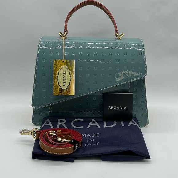 2277- Arcadia Patent Blue Crossbody Bag Made In Italy Patent Leather NWT - Picture 7 of 12